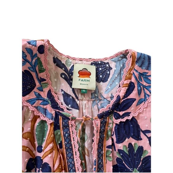 FARM RIO Seashell Tapestry Pink Mini Dress XL Organic Cotton Puff Sleeves Tassel - Picture 12 of 14